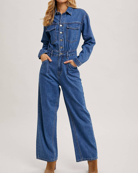 Button Down Denim Straight Leg Jumpsuit