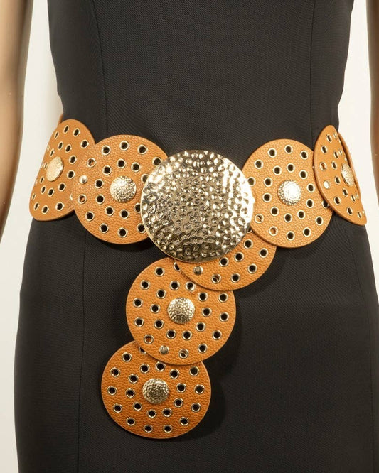 Western Oval Faux Leather Concho Disc Panel Belt