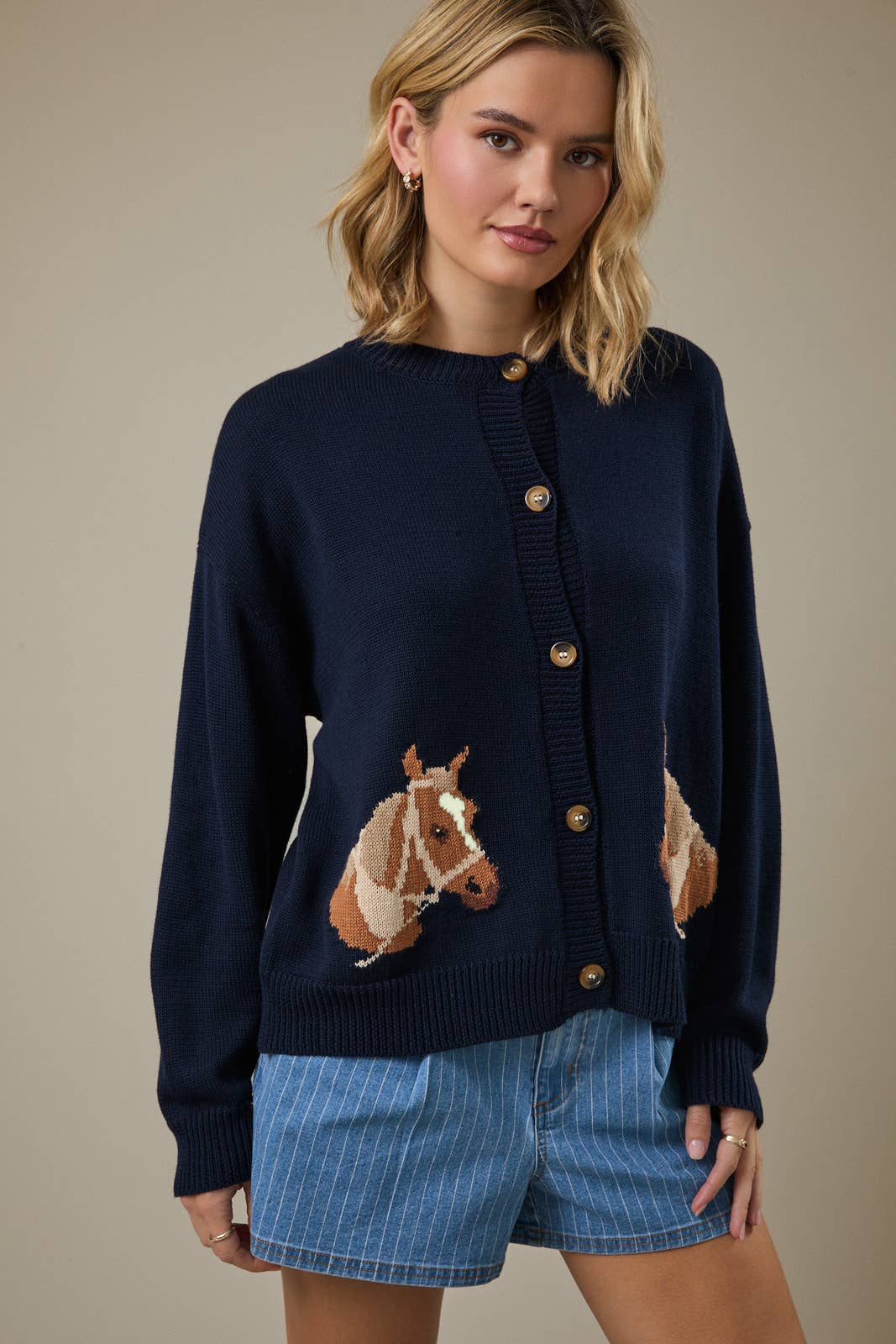 "HORSE" GRAPHIC LONG SLEEVE ROUND NECK CARDIGAN
