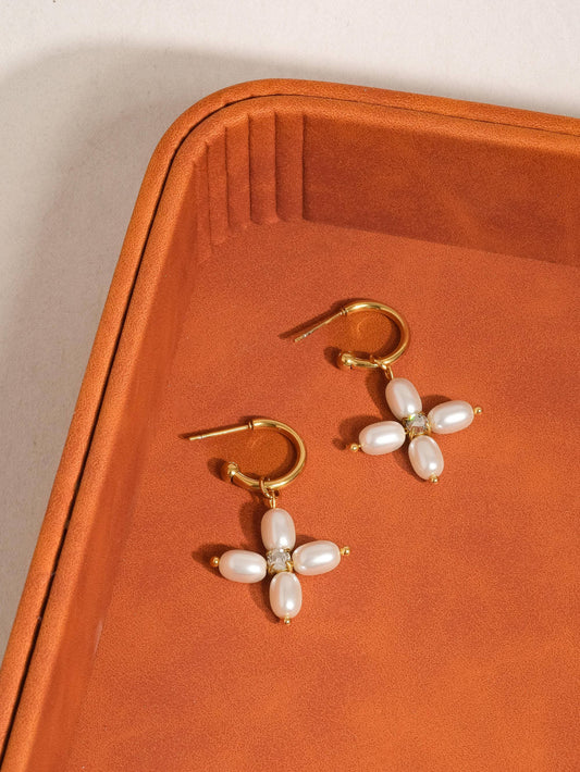 Chaleur 18K Gold Non-Tarnish Pearl Cross C Hoop Earring